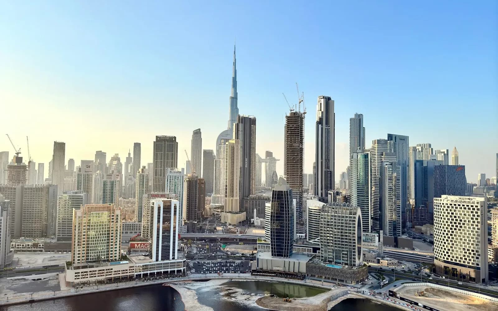 Dubai skyline and Burj Khalifa beside the waterfront