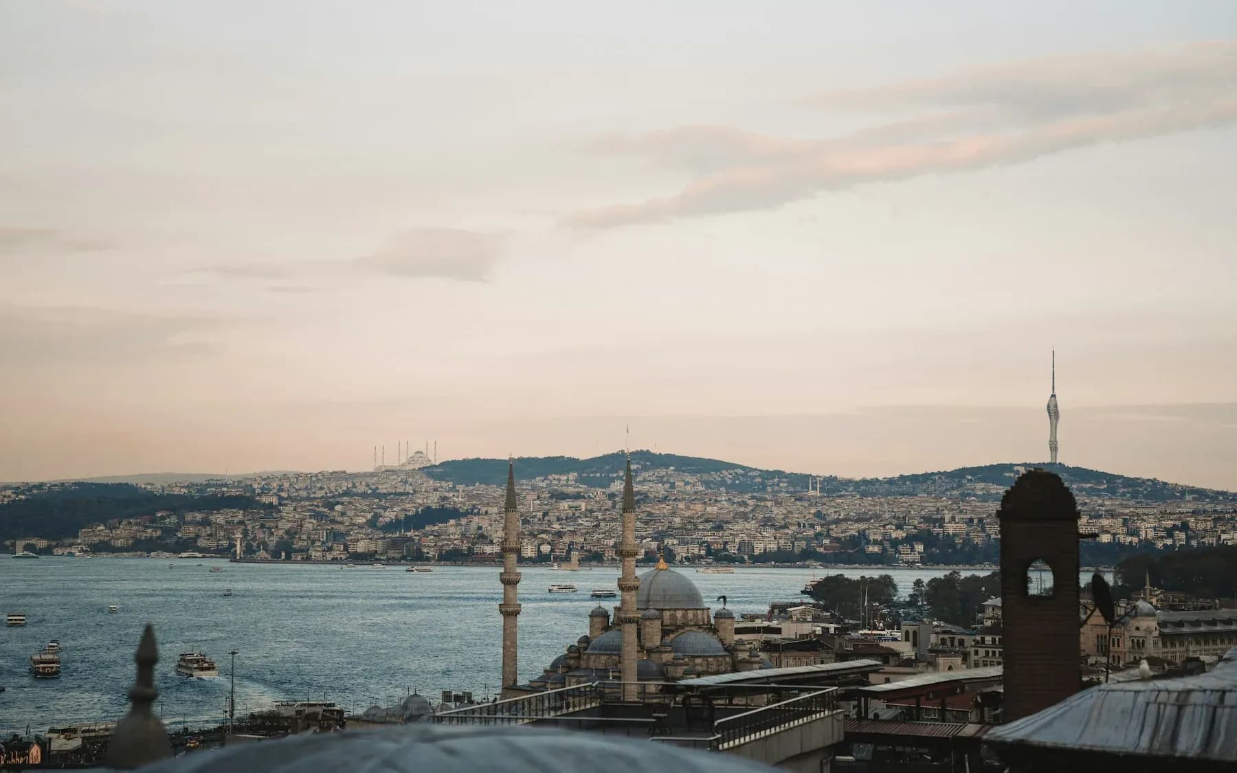 Istanbul skyline, mosques and boats along the Bosphorus
