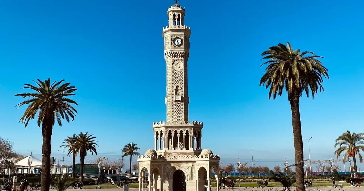 Izmir Clock Tower and palm trees in Konak Square